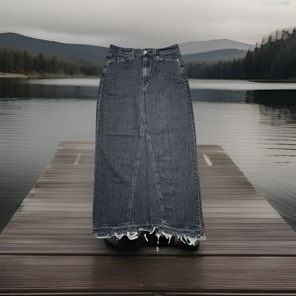 Levi Strauss Denim Maxi Skirt 2 (27x35) Stonewash Black Split Raw Hem Womens - Picture 8 of 8